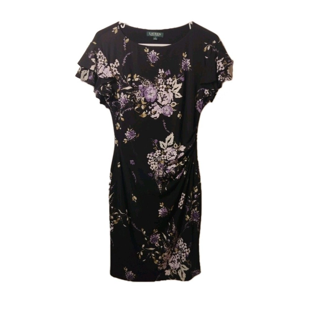 NWT Ralph Lauren Black Floral Stretchy Ruched Side Faux Wrap Dress SZ 4 (Read)